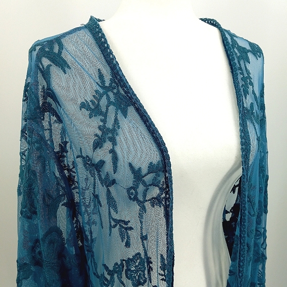 *SOLD* CRACKER BARREL Boho Chic Teal Floral Lace Mesh Kimono Duster Beach Cover - Picture 6 of 12